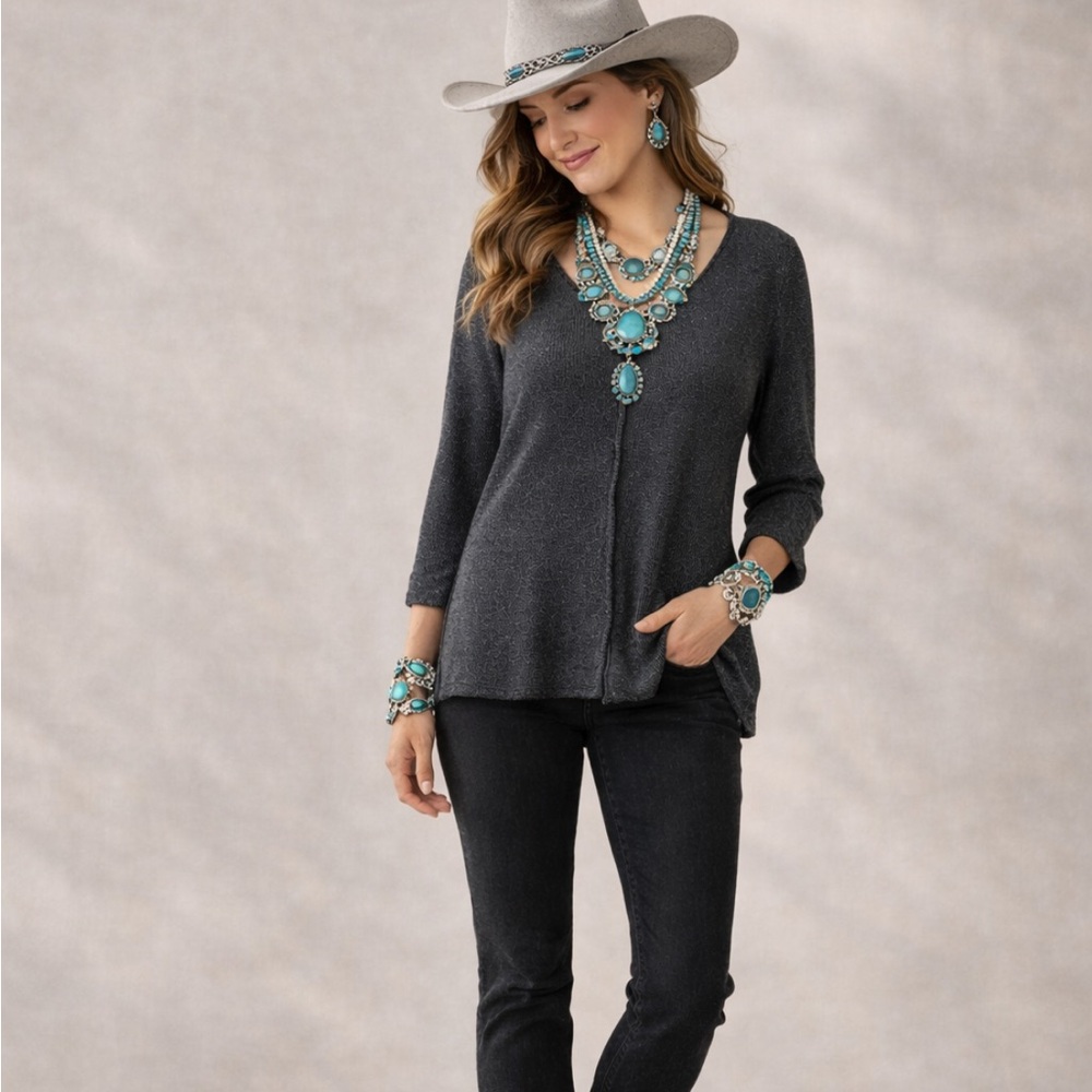 Cut Loose,USA Charcoal Knit V-neck Long Sleeve Top Raw Seam Minimalist Size S